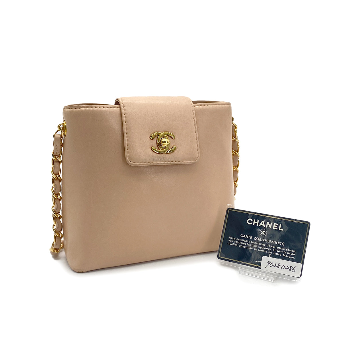 CHANEL VINTAGE TURN LOCK CHAIN SHOULDER BAG BEIGE LAMB SKIN 90280286