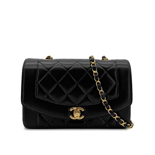 CHANEL VINTAGE DIANA SMALL CHAIN SHOULDER BAG BLACK LAMB SKIN 90280288