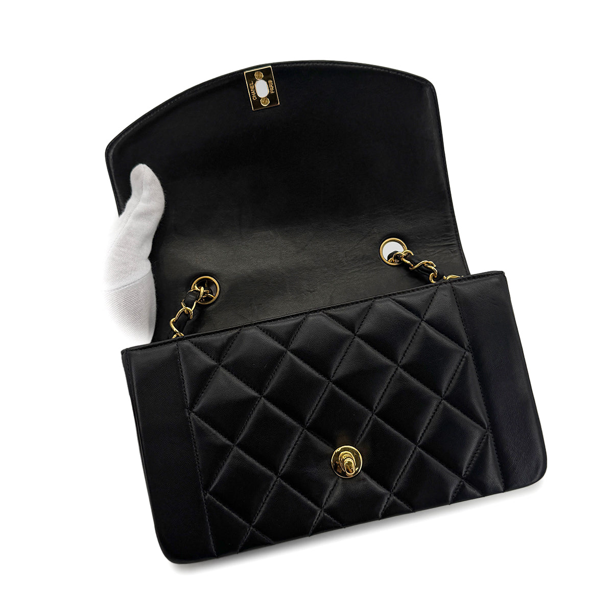 CHANEL VINTAGE DIANA SMALL CHAIN SHOULDER BAG BLACK LAMB SKIN 90280288