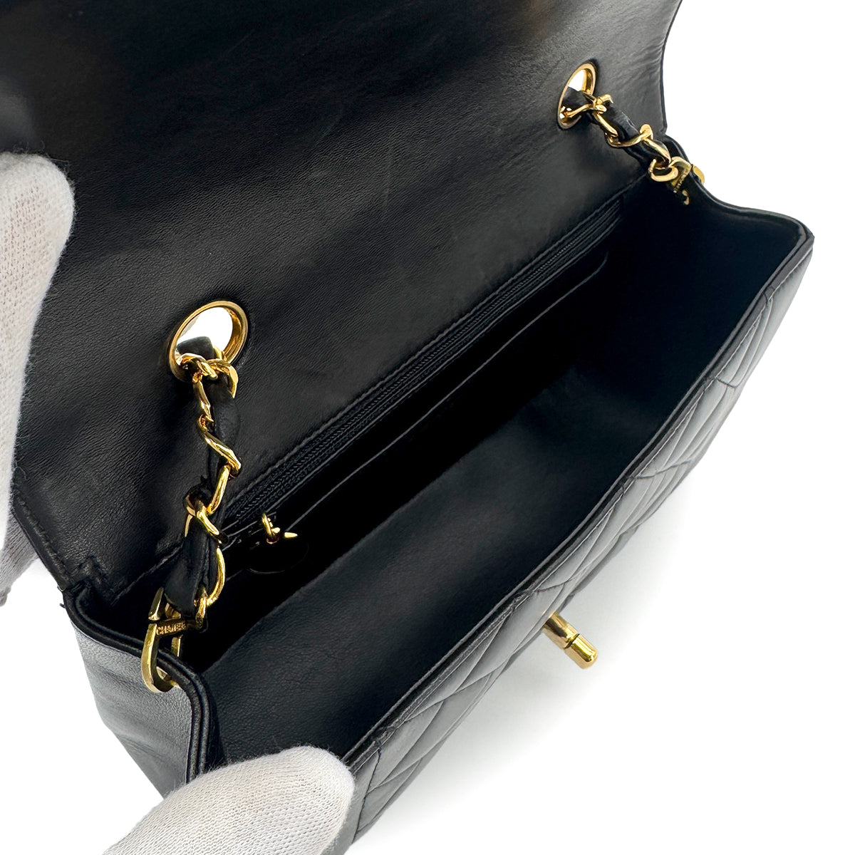 CHANEL VINTAGE DIANA SMALL CHAIN SHOULDER BAG BLACK LAMB SKIN 90280288