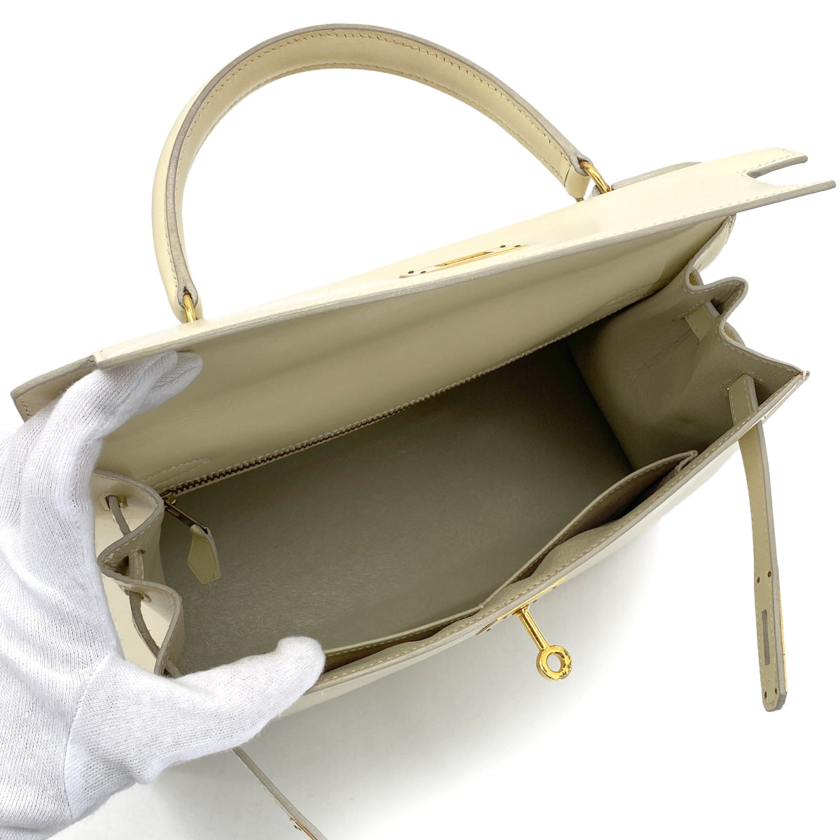HERMES KELLY 28 SELLIER BEIGE BOXCALF HAND BAG 〇Q GHW 90280292