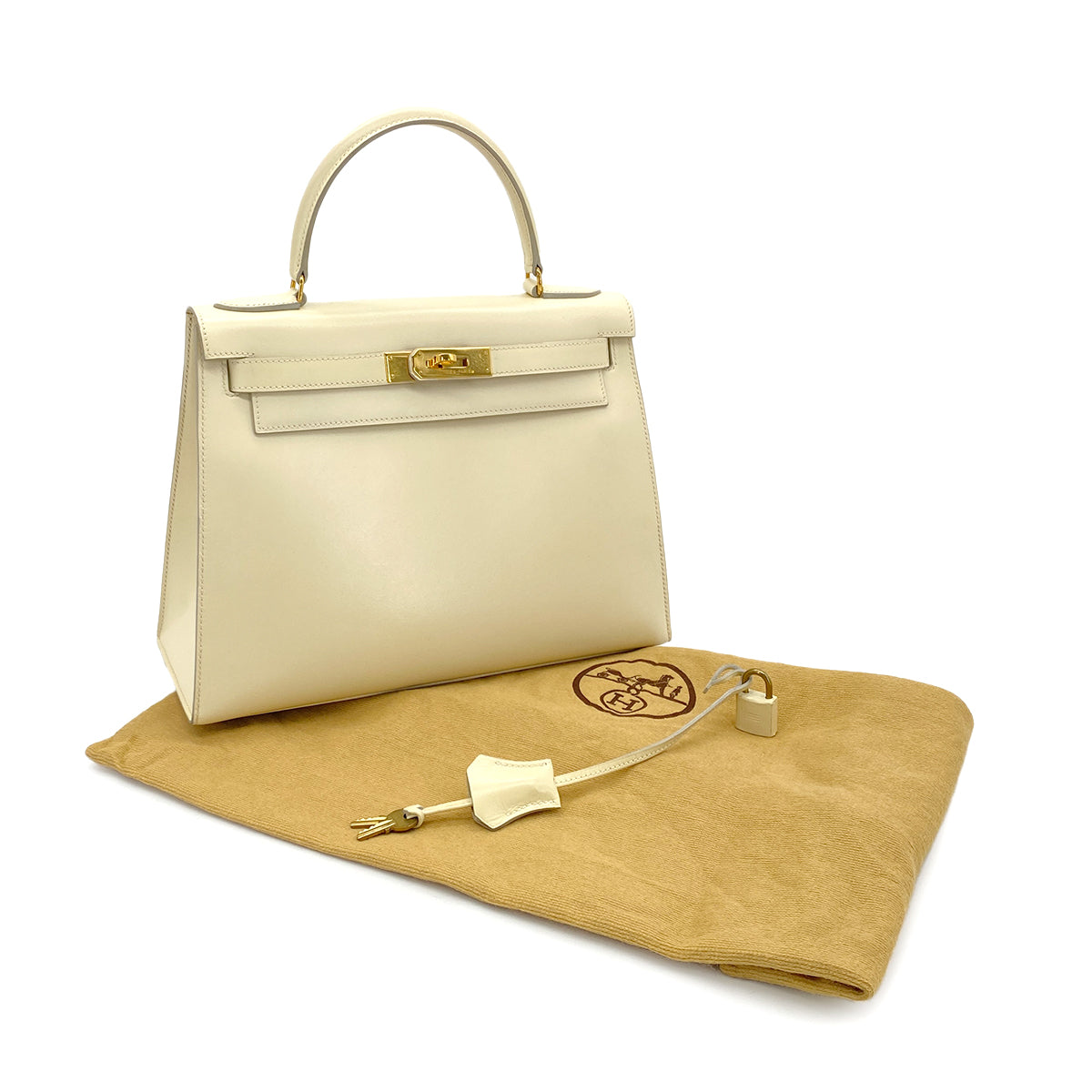 HERMES KELLY 28 SELLIER BEIGE BOXCALF HAND BAG 〇Q GHW 90280292