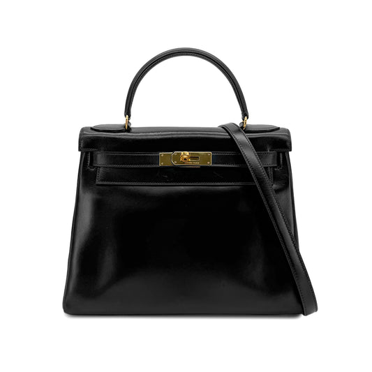 HERMES KELLY 28 RETOURNE BLACK BOXCALF HAND SHOULDER BAG 〇I GHW 90280293