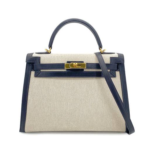 HERMES KELLY 32 BLUE INDIGO BOXCALF TOILE H HAND SHOULDER BAG □D GHW 90280294