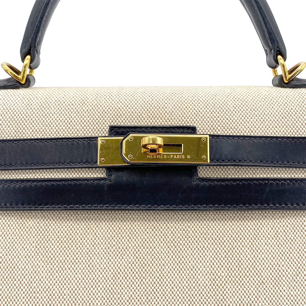 HERMES KELLY 32 BLUE INDIGO BOXCALF TOILE H HAND SHOULDER BAG □D GHW 90280294