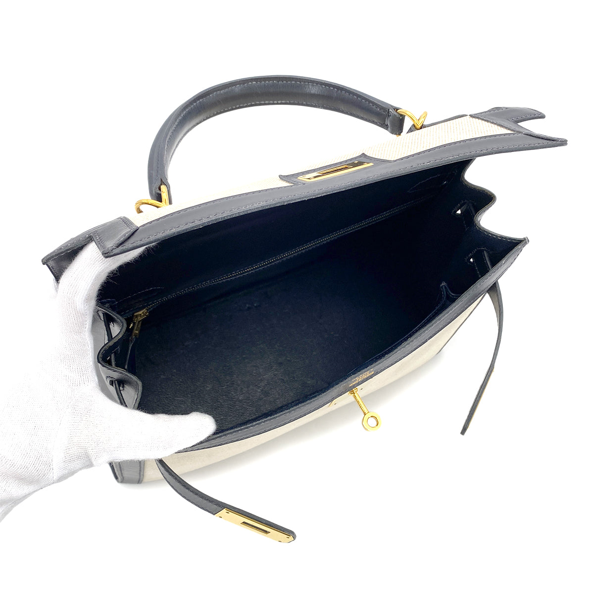 HERMES KELLY 32 BLUE INDIGO BOXCALF TOILE H HAND SHOULDER BAG □D GHW 90280294