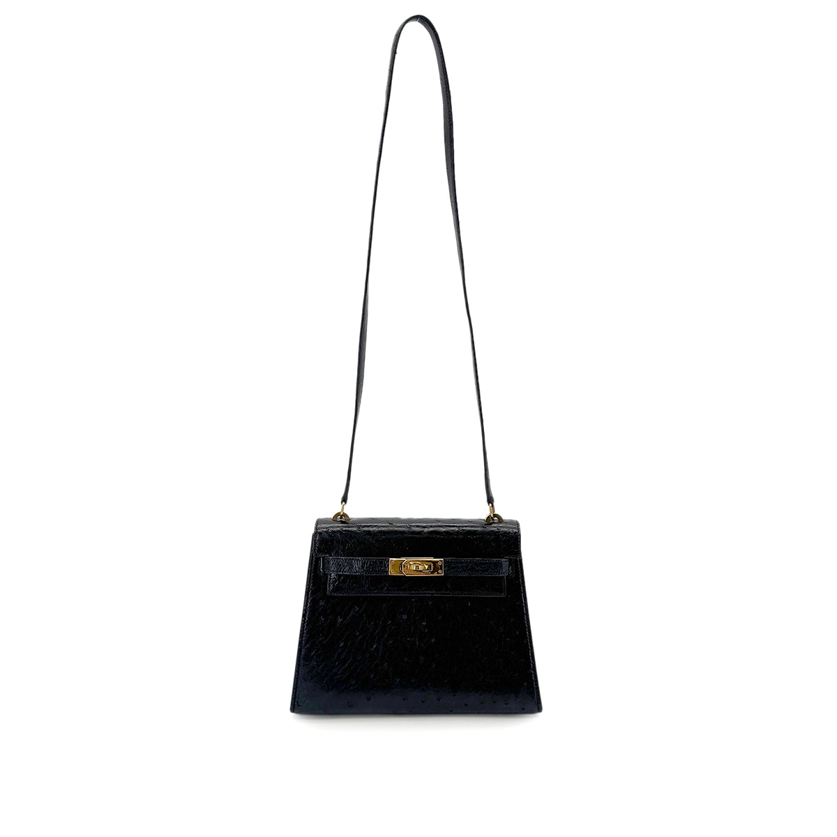 HERMES MINI KELLY 20 SELLIER BLACK OSTRICH SHOULDER BAG 〇P GHW 90280296
