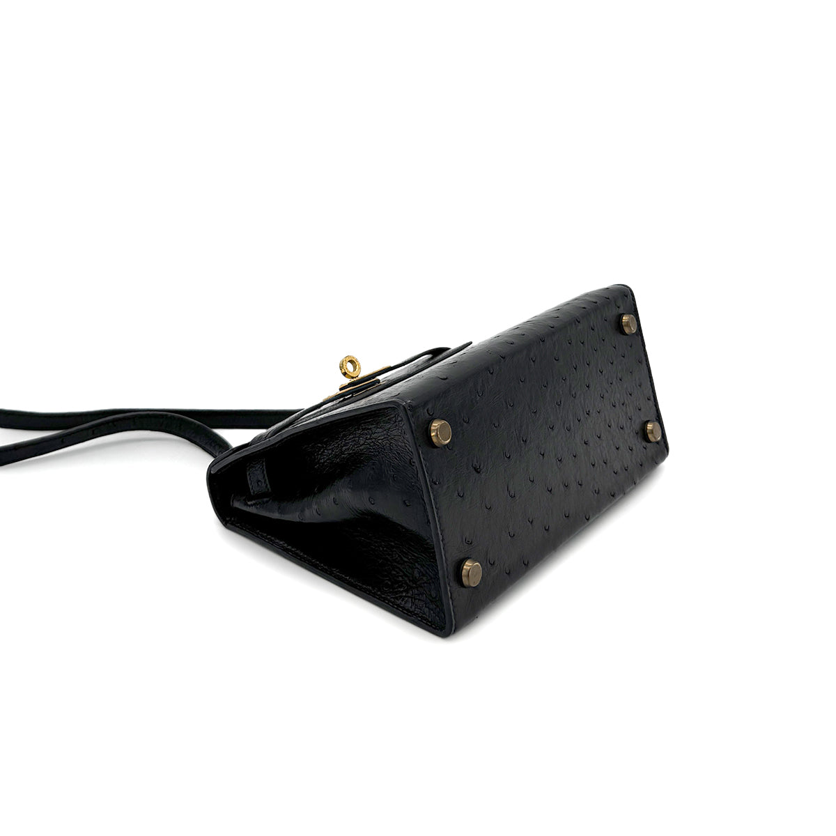 HERMES MINI KELLY 20 SELLIER BLACK OSTRICH SHOULDER BAG 〇P GHW 90280296