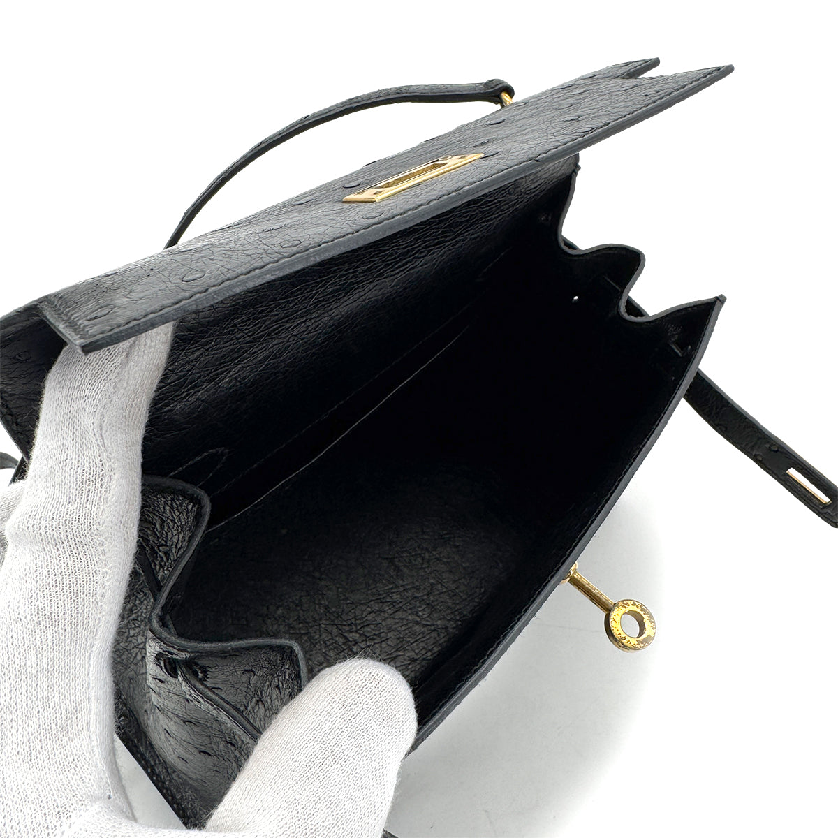 HERMES MINI KELLY 20 SELLIER BLACK OSTRICH SHOULDER BAG 〇P GHW 90280296