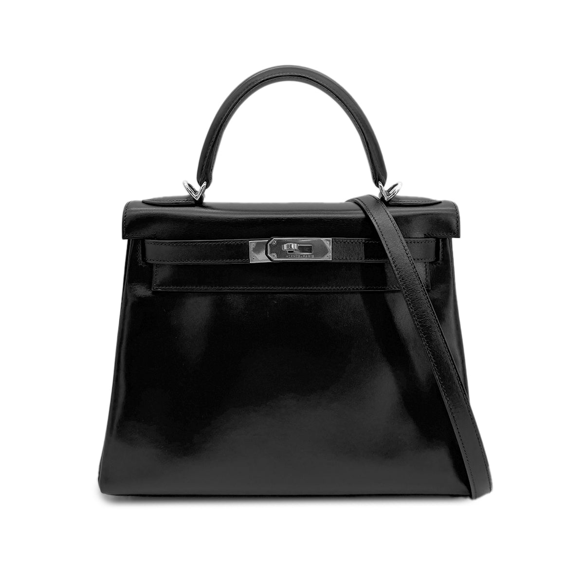 HERMES KELLY 28 RETOURNE BLACK BOXCALF HAND SHOULDER BAG □D SHW 90280304