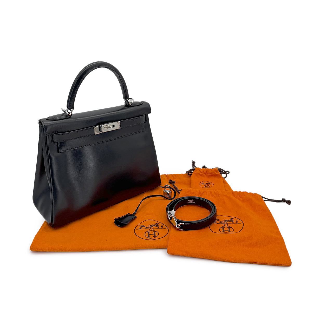 HERMES KELLY 28 RETOURNE BLACK BOXCALF HAND SHOULDER BAG □D SHW 90280304