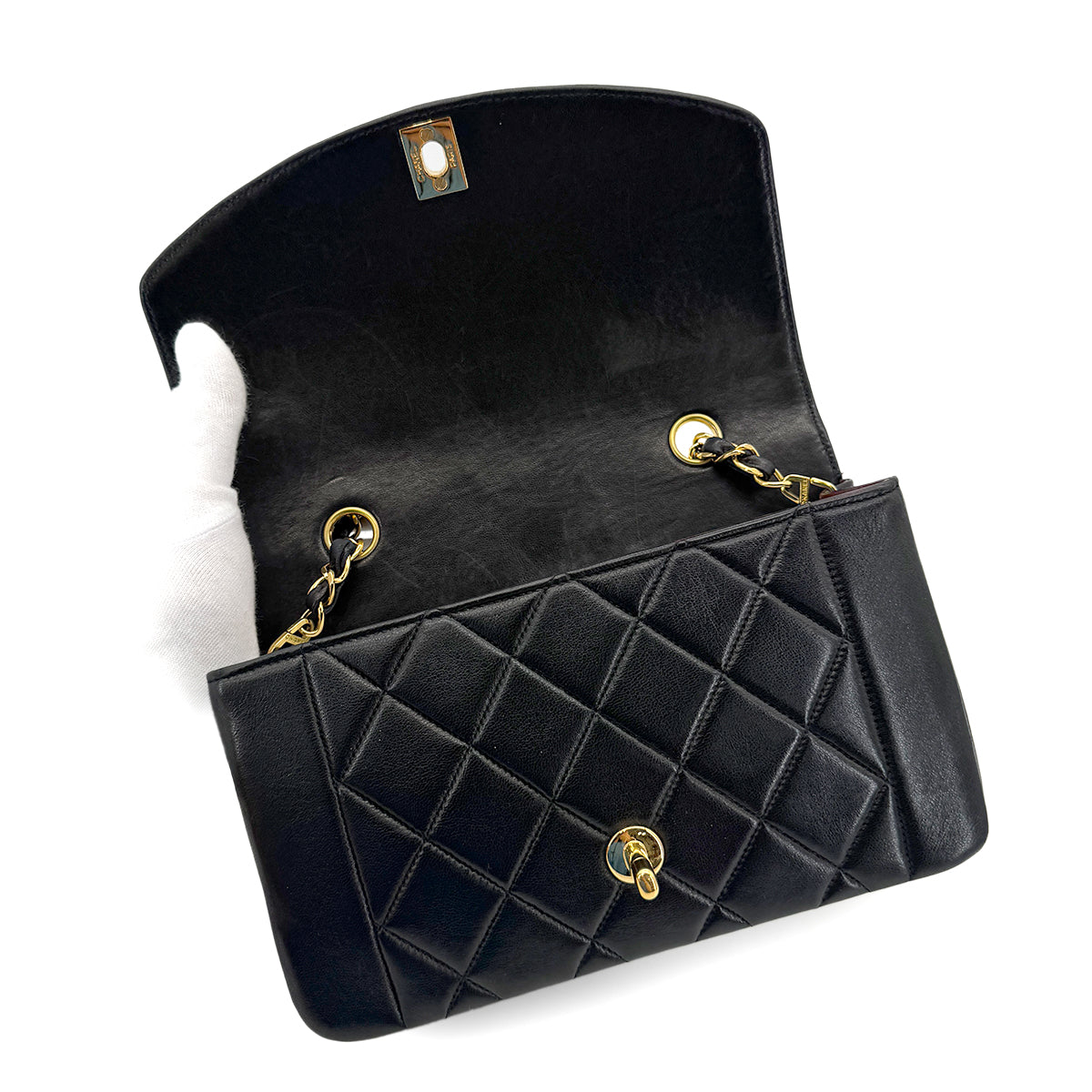 CHANEL VINTAGE DIANA SMALL CHAIN SHOULDER BAG BLACK LAMB SKIN 90280307