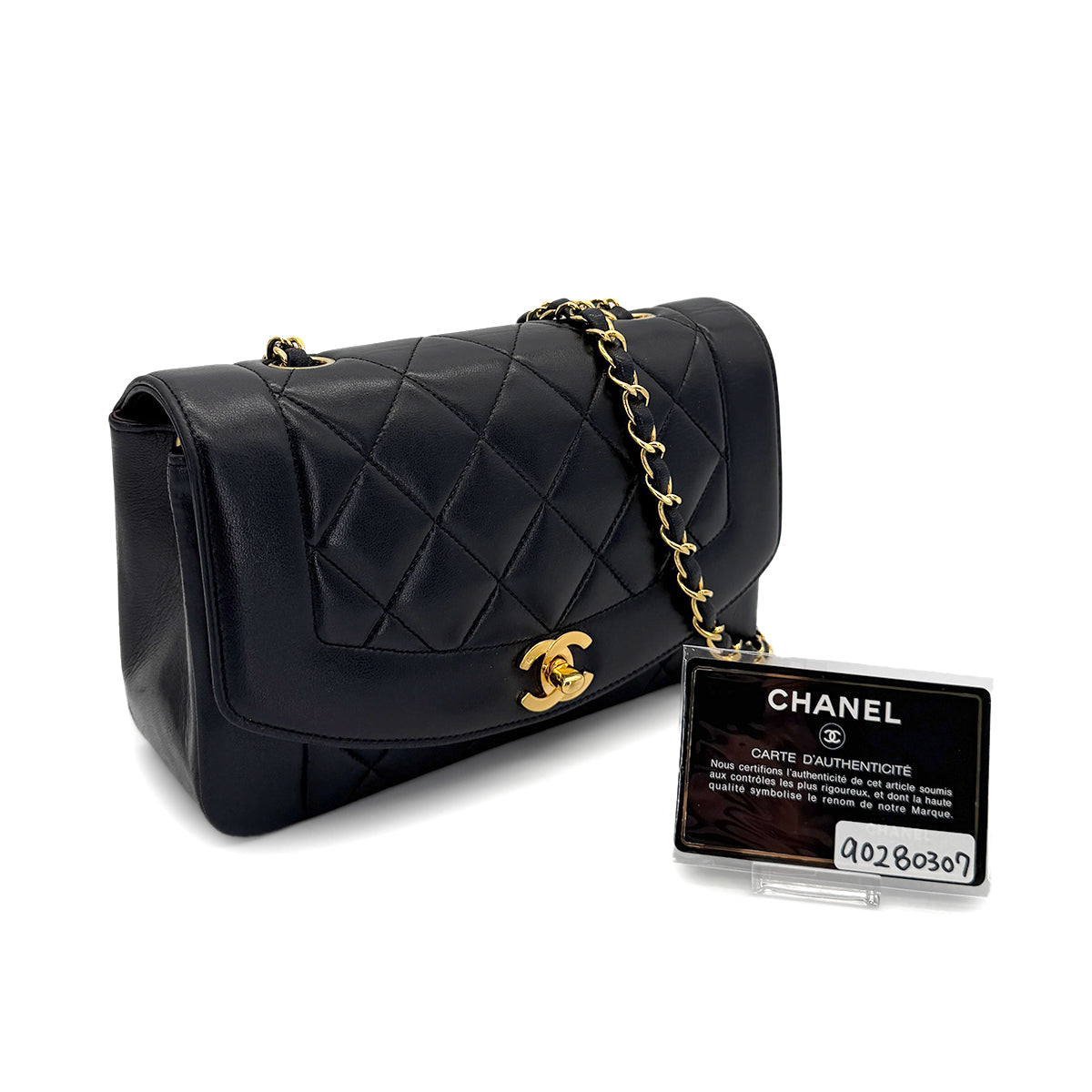CHANEL VINTAGE DIANA SMALL CHAIN SHOULDER BAG BLACK LAMB SKIN 90280307
