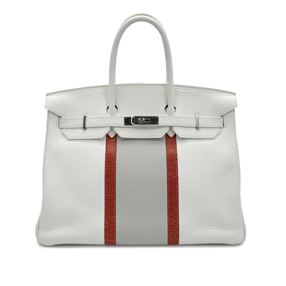 HERMES BIRKIN CLUB 35 WHITE PEARL GRAY SANGUINE TAURILLON CLEMENCE LIZARD HAND BAG □O SHW 90280381