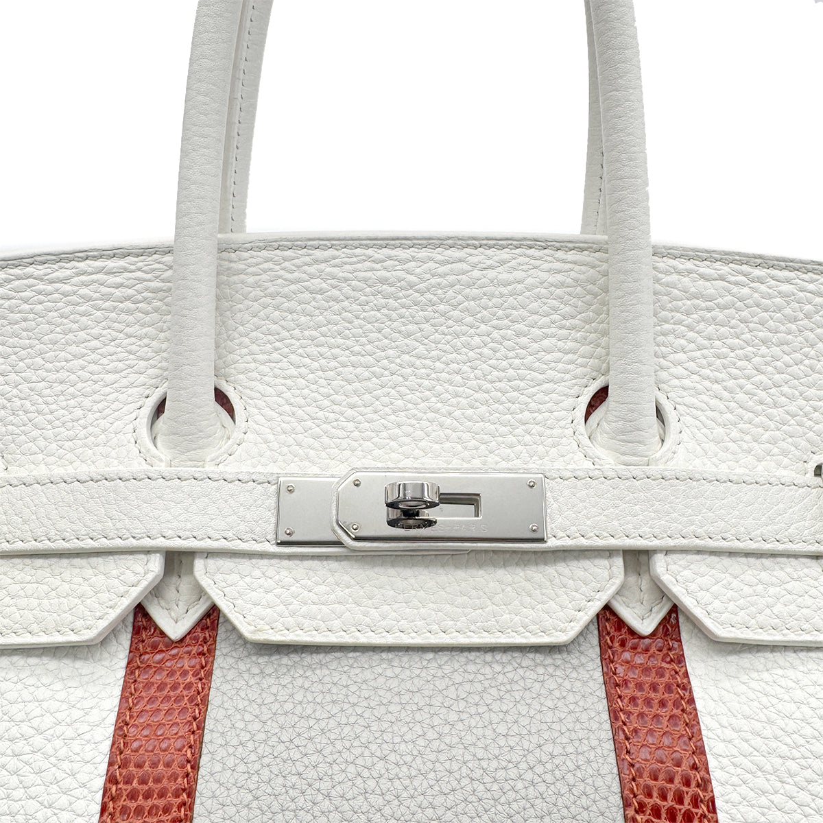 HERMES BIRKIN CLUB 35 WHITE PEARL GRAY SANGUINE TAURILLON CLEMENCE LIZARD HAND BAG □O SHW 90280381