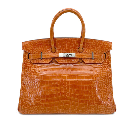 HERMES BIRKIN 35 ORANGE CROCODILE POROSUS LISSE HAND BAG □G SHW 90280382