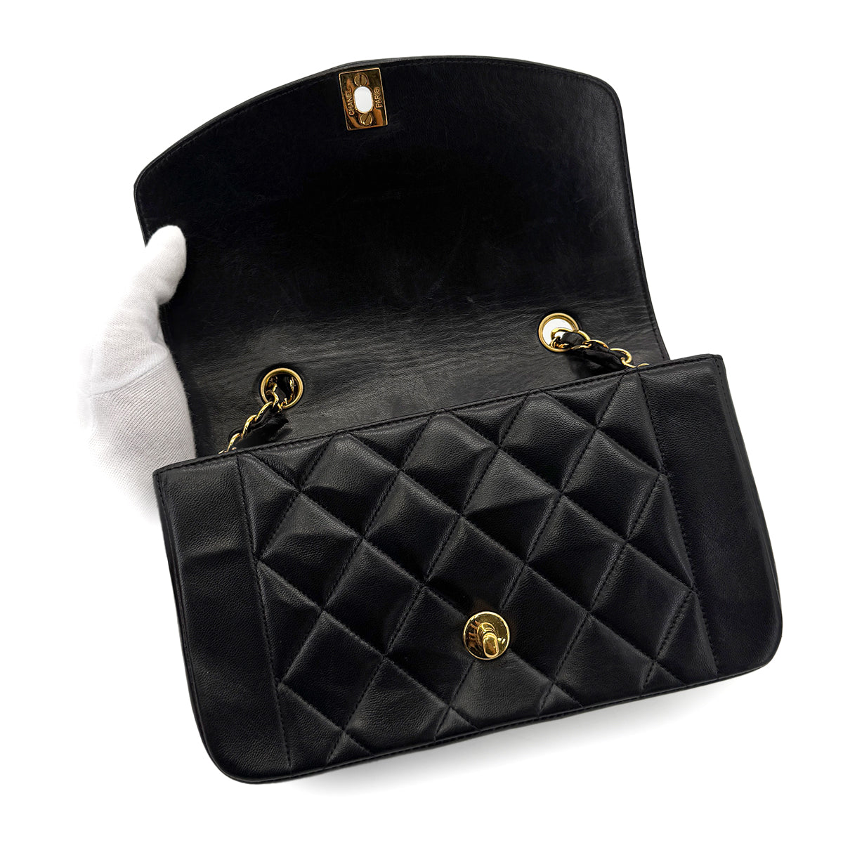 CHANEL VINTAGE DIANA SMALL CHAIN SHOULDER BAG BLACK LAMB SKIN 90280462