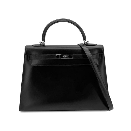 HERMES KELLY 32 SELLIER BLACK BOXCALF HAND SHOULDER BAG □G SHW 90280499