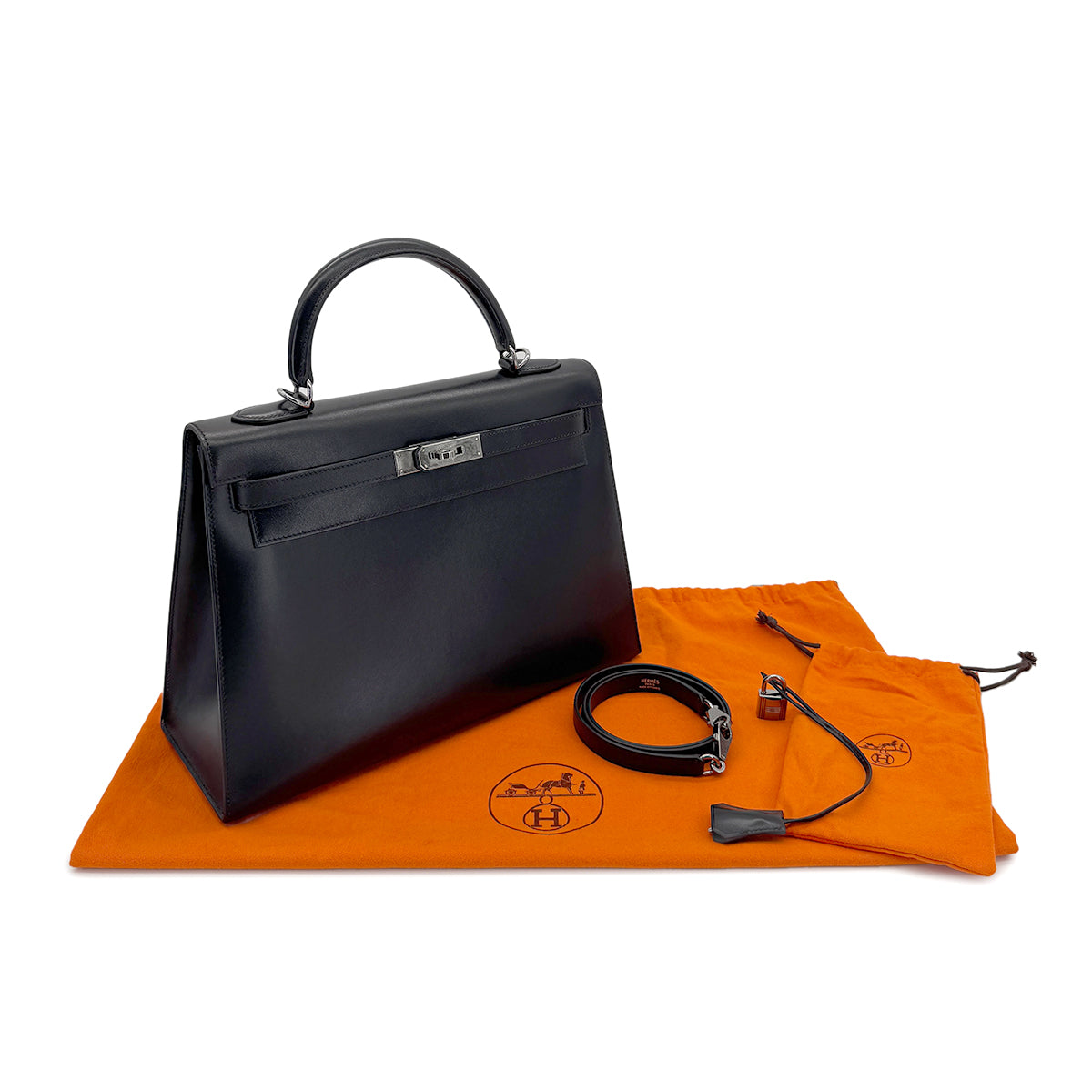 HERMES KELLY 32 SELLIER BLACK BOXCALF HAND SHOULDER BAG □G SHW 90280499