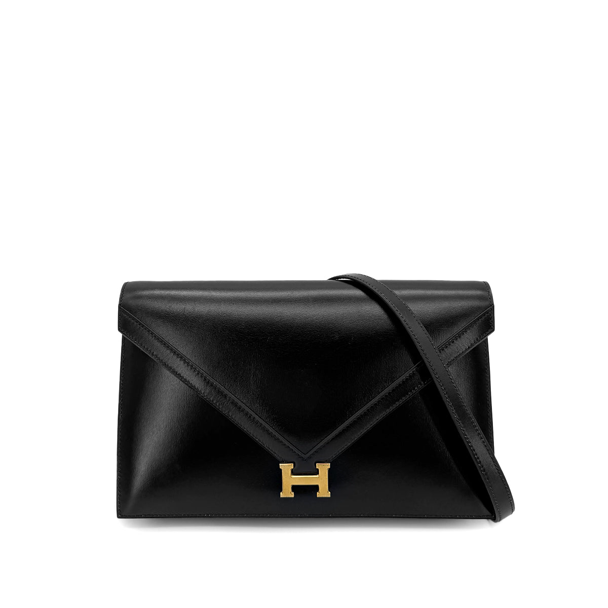 HERMES LYDIE BLACK CLUTCH SHOULDER BAG BOXCALF 〇Q 90280500