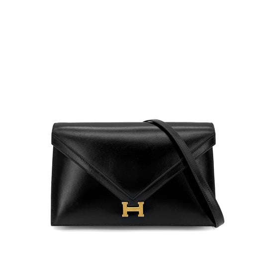 HERMES LYDIE BLACK CLUTCH SHOULDER BAG BOXCALF 〇Q 90280500