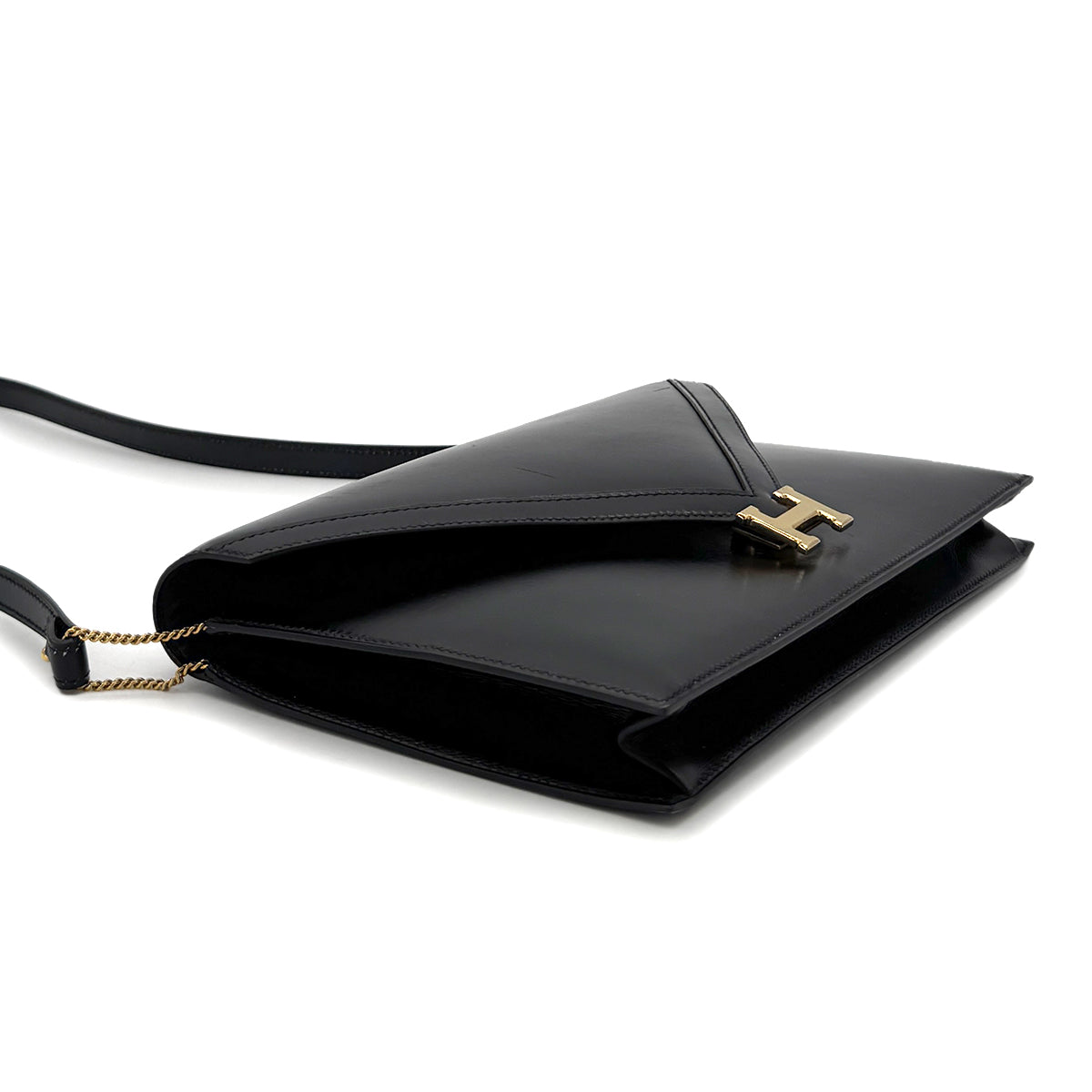 HERMES LYDIE BLACK CLUTCH SHOULDER BAG BOXCALF 〇Q 90280500