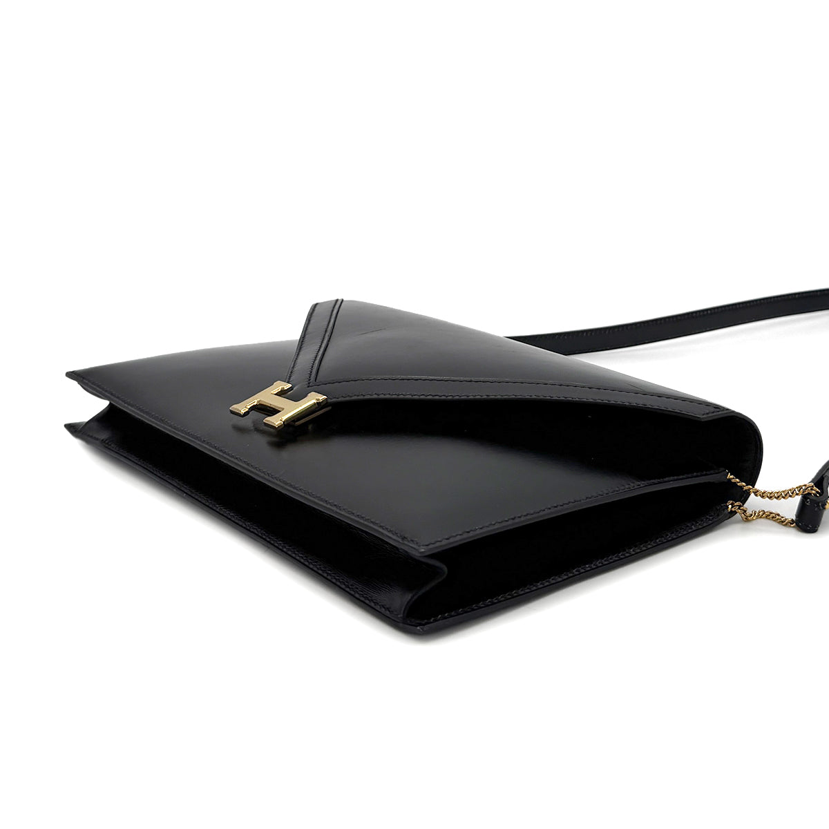 HERMES LYDIE BLACK CLUTCH SHOULDER BAG BOXCALF 〇Q 90280500