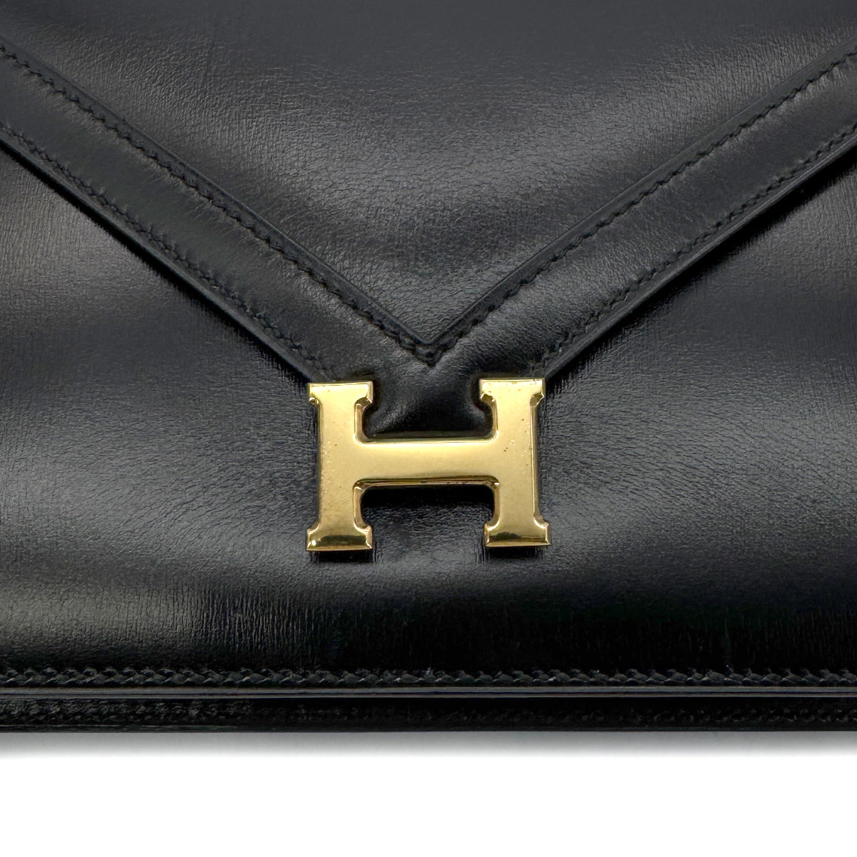 HERMES LYDIE BLACK CLUTCH SHOULDER BAG BOXCALF 〇Q 90280500