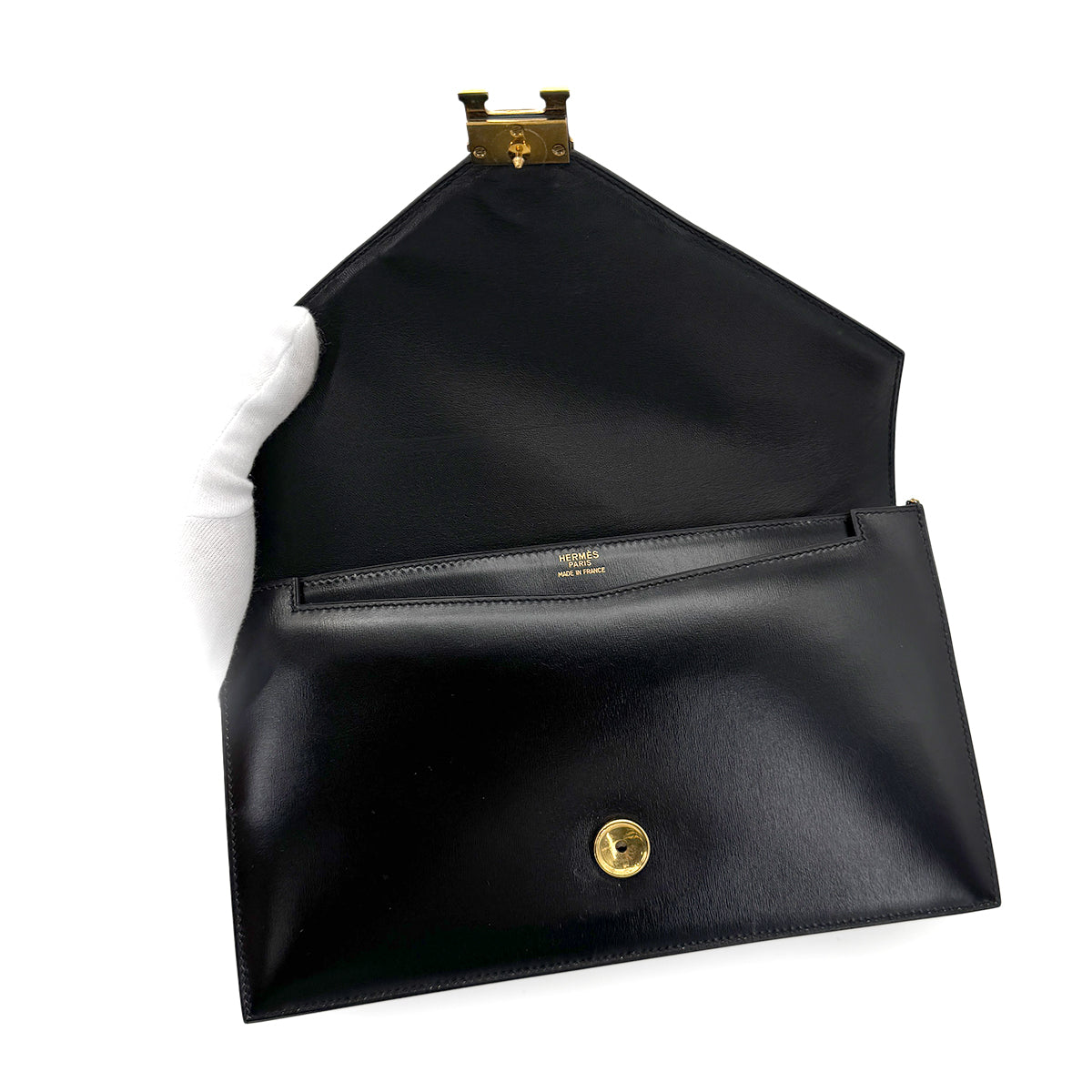 HERMES LYDIE BLACK CLUTCH SHOULDER BAG BOXCALF 〇Q 90280500