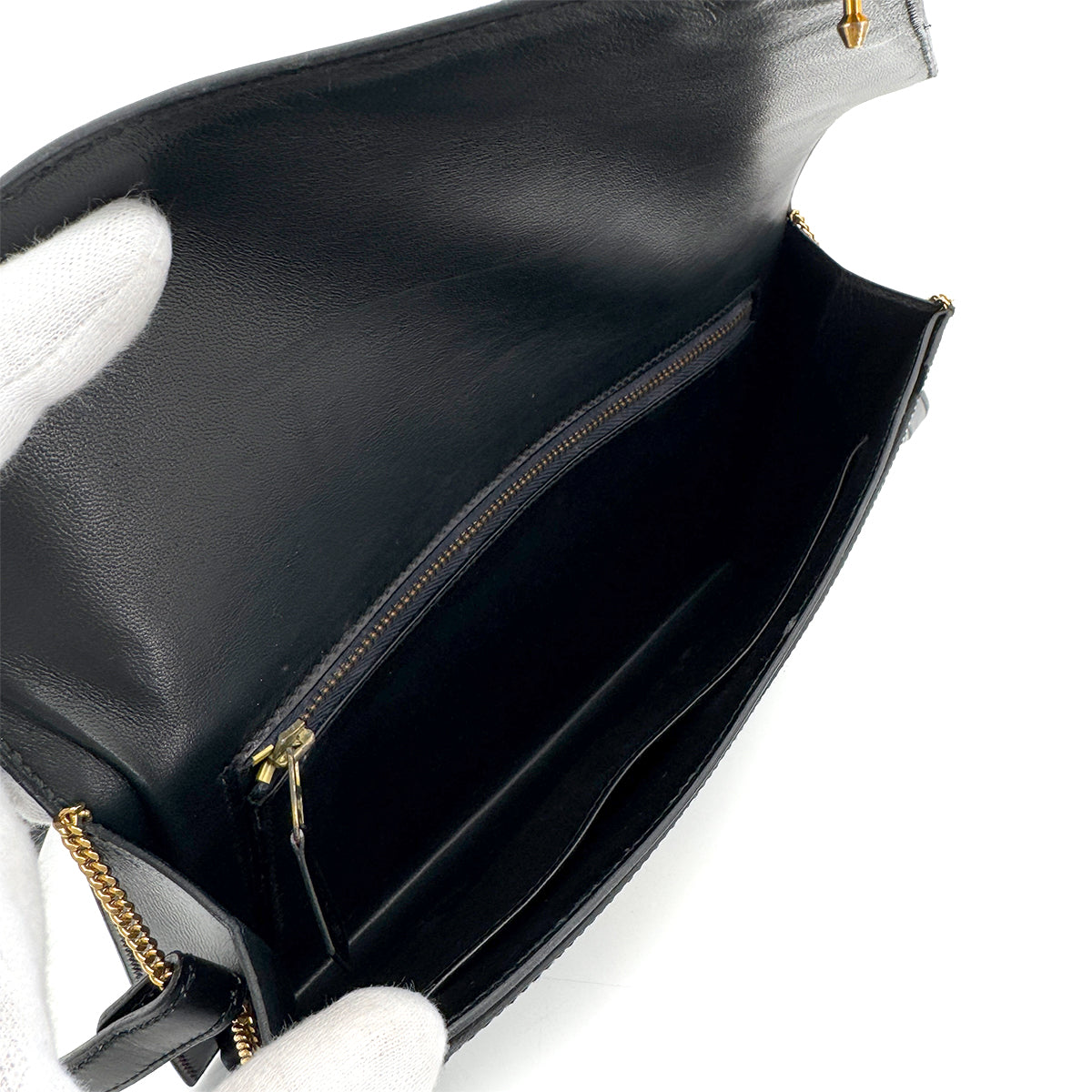 HERMES LYDIE BLACK CLUTCH SHOULDER BAG BOXCALF 〇Q 90280500