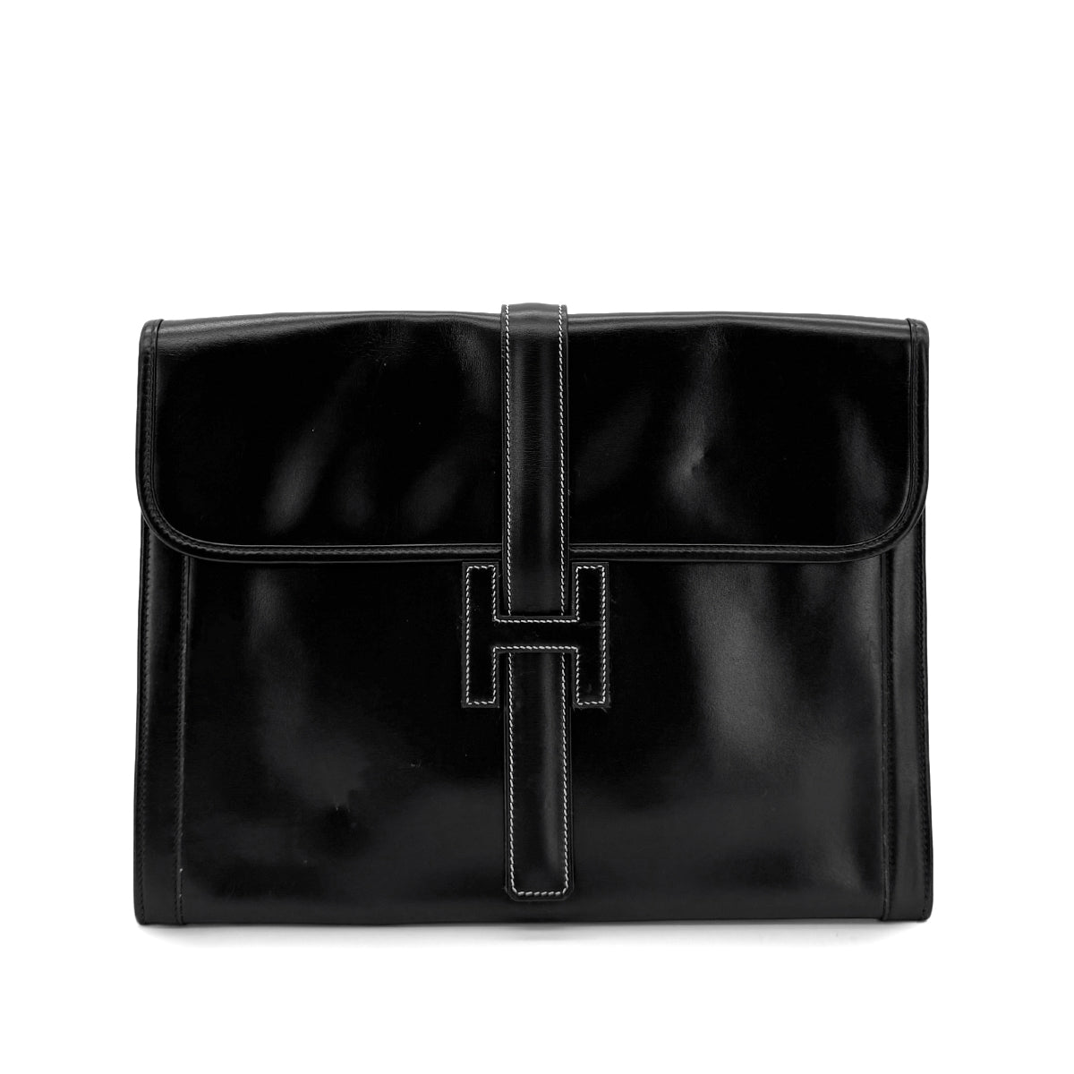 HERMES JIGE GM BLACK BOXCALF CLUTCH BAG 〇Q 90280501