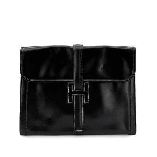 HERMES JIGE GM BLACK BOXCALF CLUTCH BAG 〇Q 90280501
