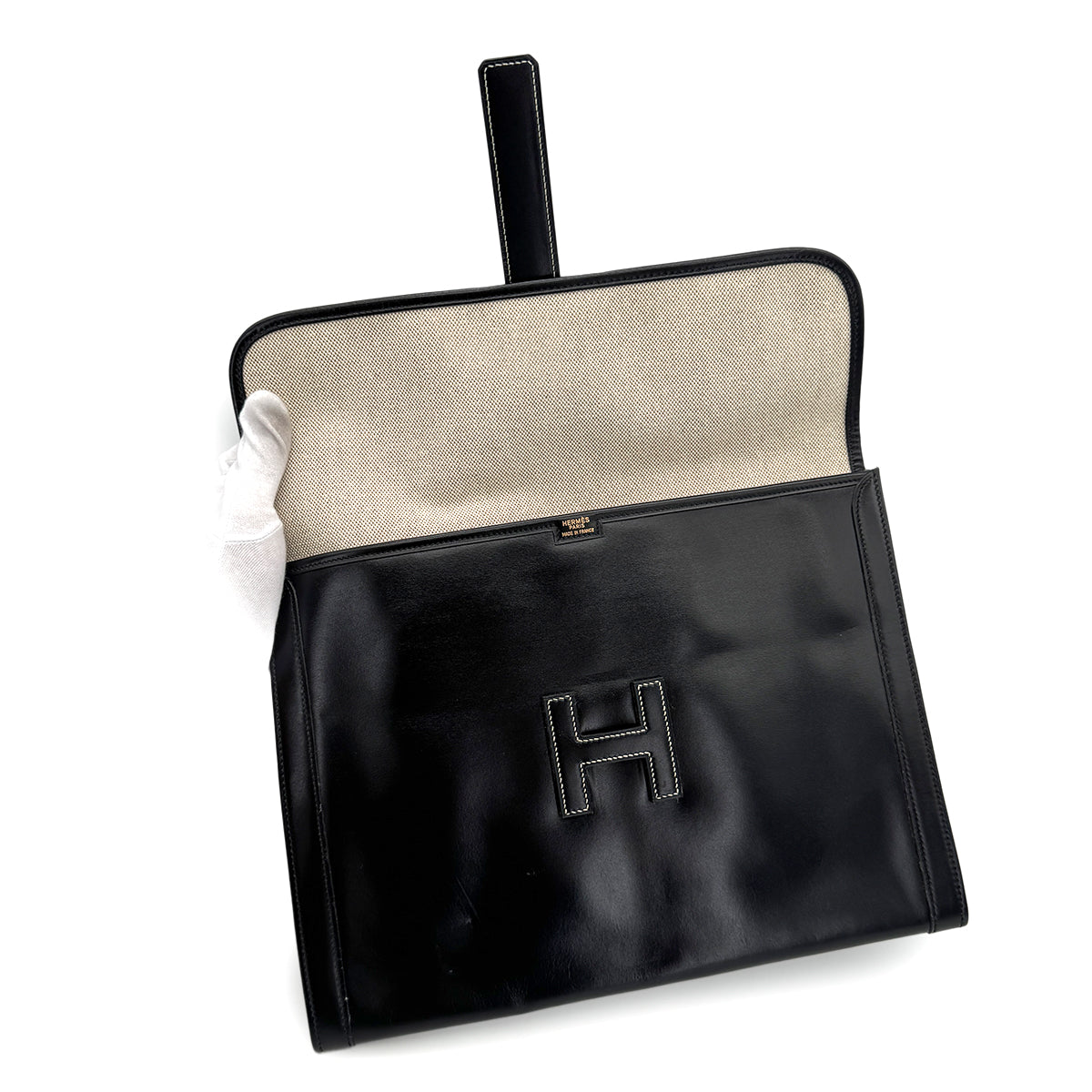 HERMES JIGE GM BLACK BOXCALF CLUTCH BAG 〇Q 90280501