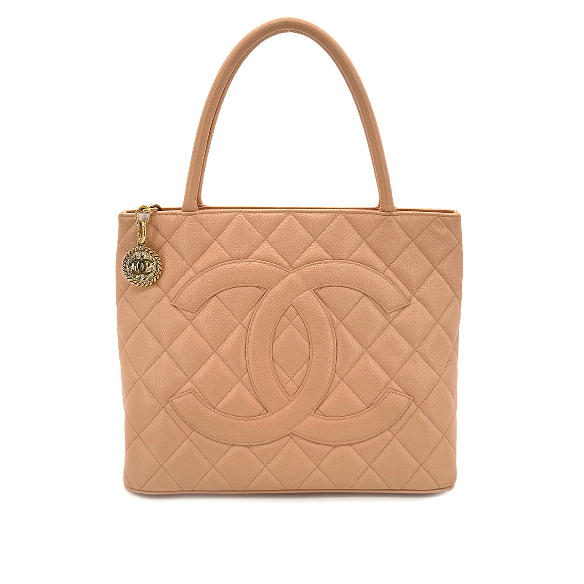 CHANEL VINTAGE MEDALLION TOTE BAG PINK BEIGE CAVIAR SKIN 90280510