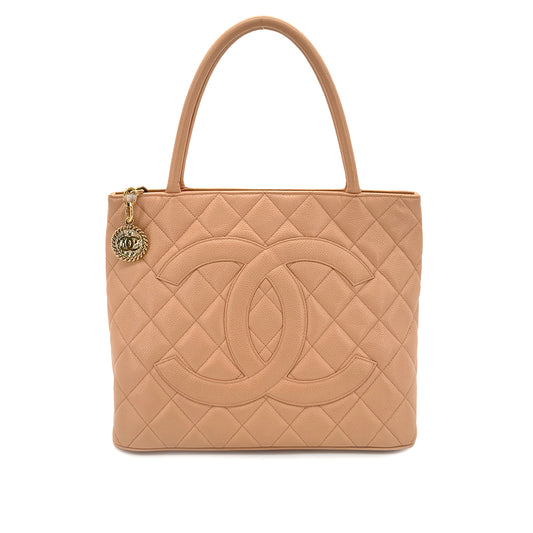 CHANEL VINTAGE MEDALLION TOTE BAG PINK BEIGE CAVIAR SKIN 90280510