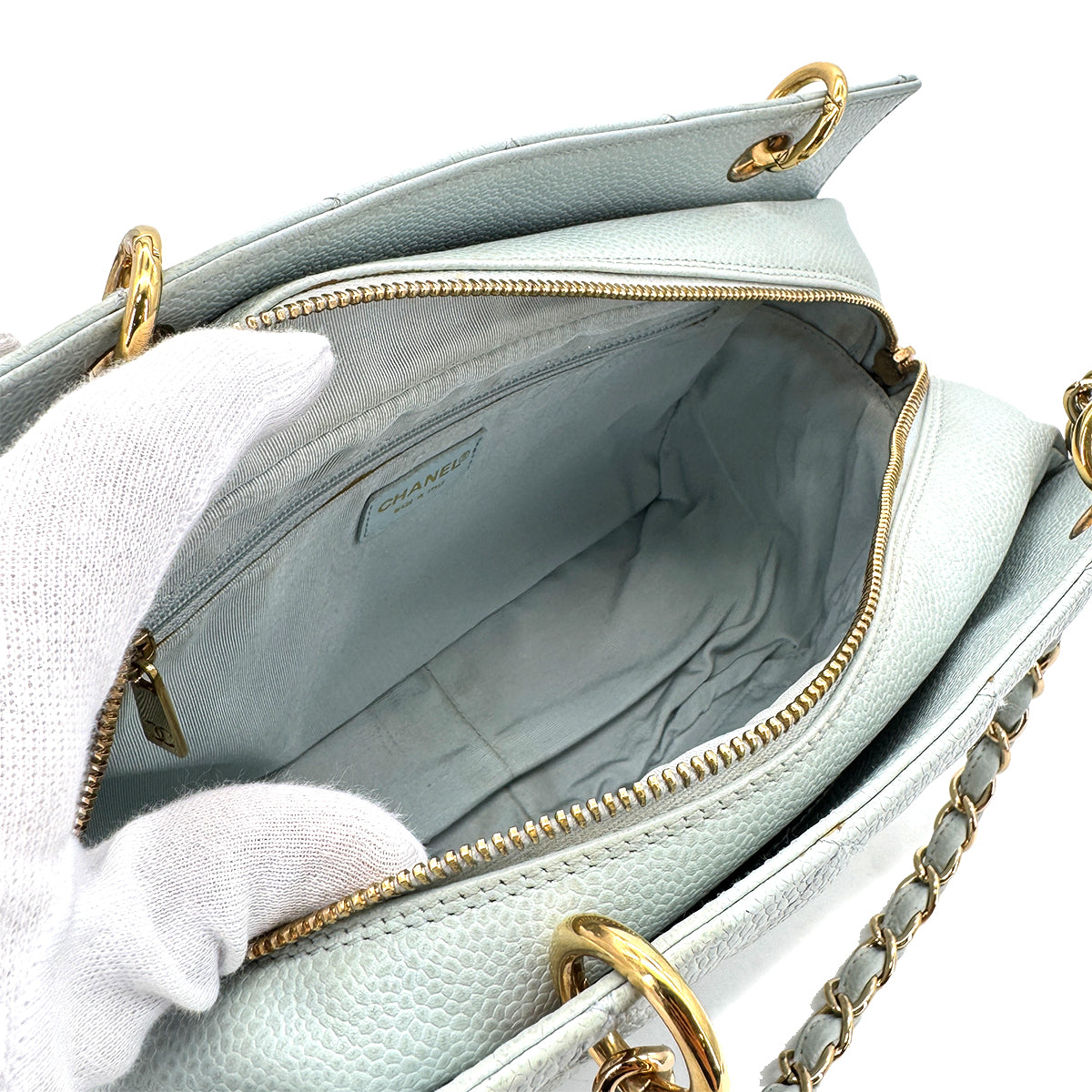 CHANEL VINTAGE PTT CHAIN TOTE BAG LIGHT BLUE CAVIAR SKI 90280511