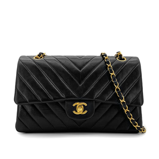 CHANEL VINTAGE CHEVRON CHAIN SHOULDER BAG BLACK LAMB SKIN 90280514