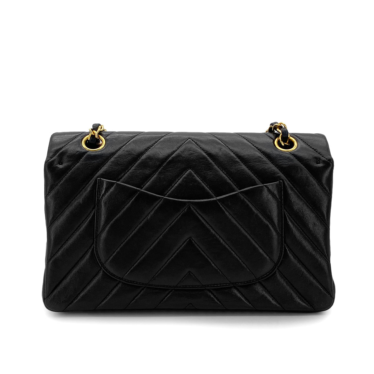 CHANEL VINTAGE CHEVRON CHAIN SHOULDER BAG BLACK LAMB SKIN 90280514