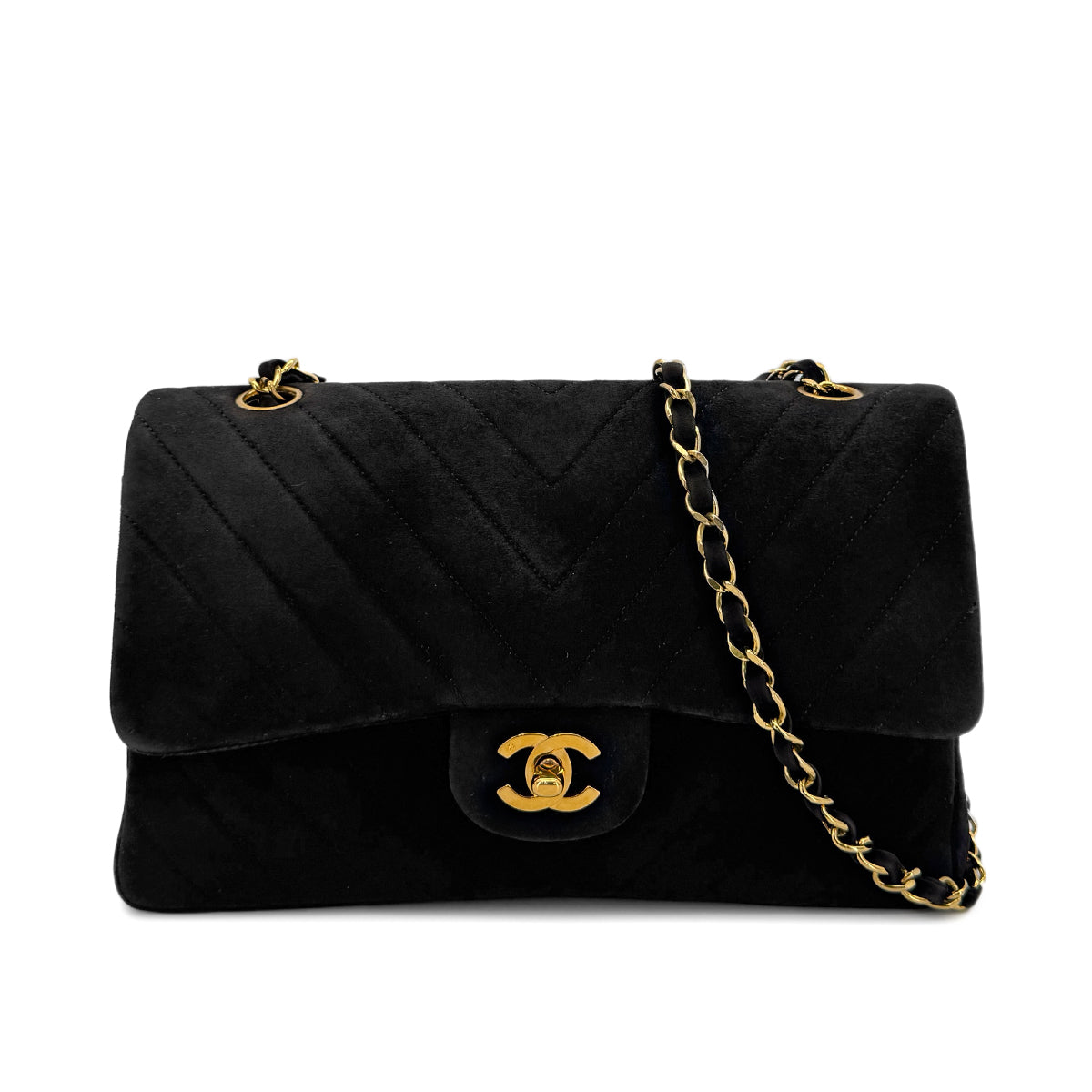 CHANEL VINTAGE CHEVRON V STITCH CHAIN SHUOLDER BAG BLACK SUEDE 90280522