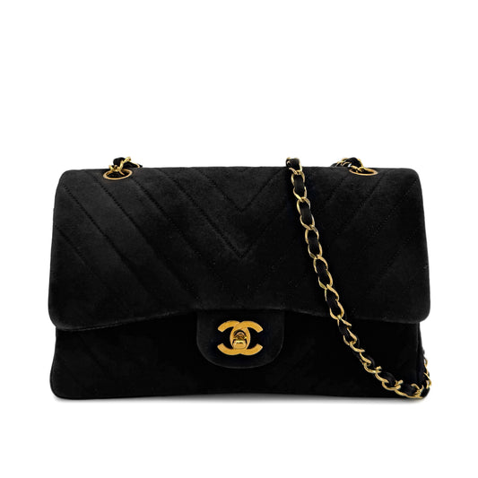 CHANEL VINTAGE CHEVRON V STITCH CHAIN SHUOLDER BAG BLACK SUEDE 90280522