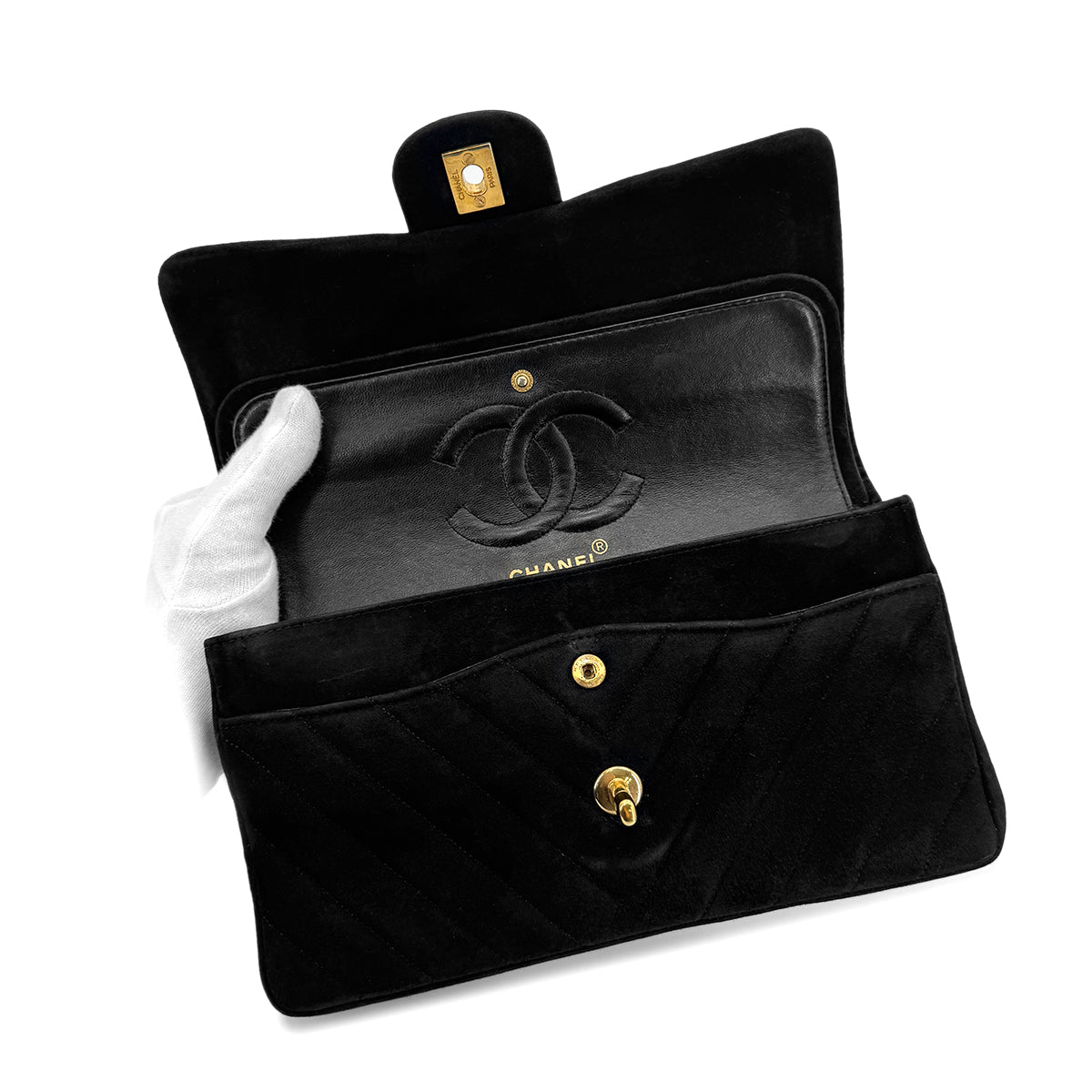 CHANEL VINTAGE CHEVRON V STITCH CHAIN SHUOLDER BAG BLACK SUEDE 90280522