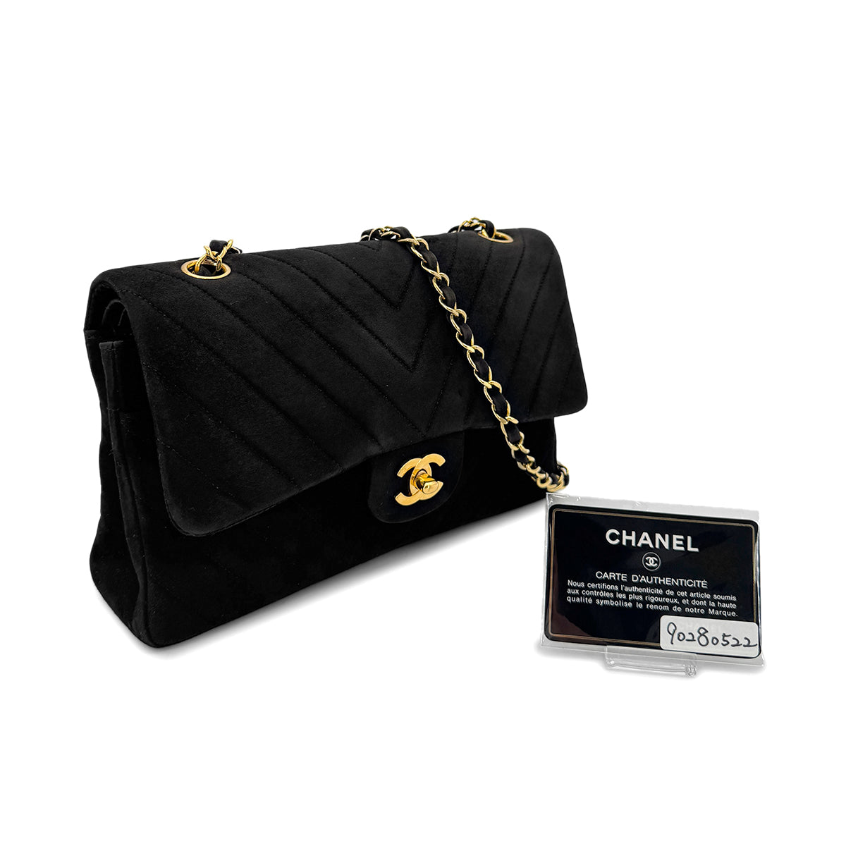 CHANEL VINTAGE CHEVRON V STITCH CHAIN SHUOLDER BAG BLACK SUEDE 90280522