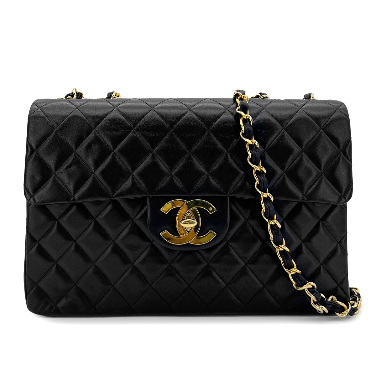 CHANEL VINTAGE MAXI MATELASSE 34 CHAIN SHOULDER BAG BLACK LAMB SKIN 90280523