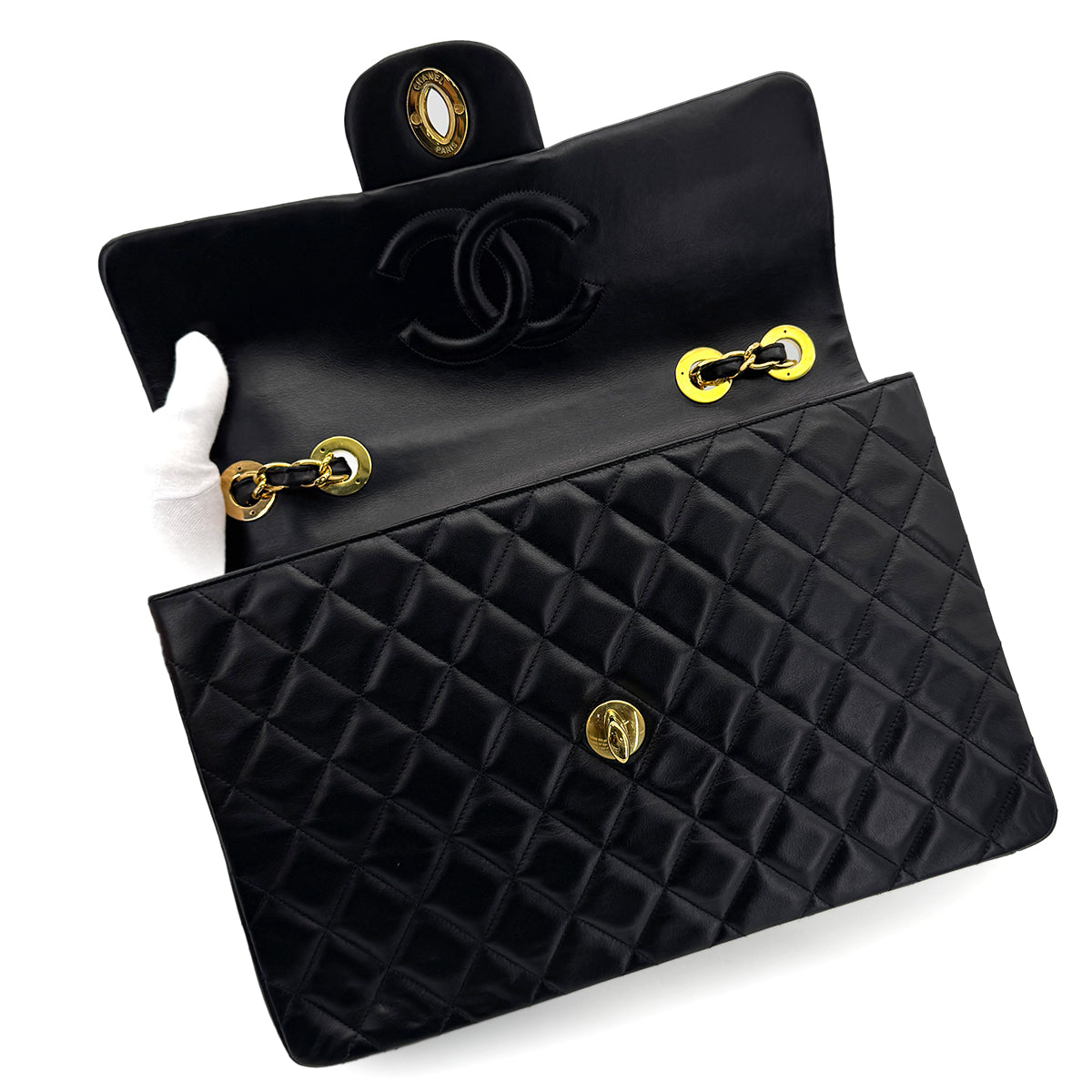 CHANEL VINTAGE MAXI MATELASSE 34 CHAIN SHOULDER BAG BLACK LAMB SKIN 90280523