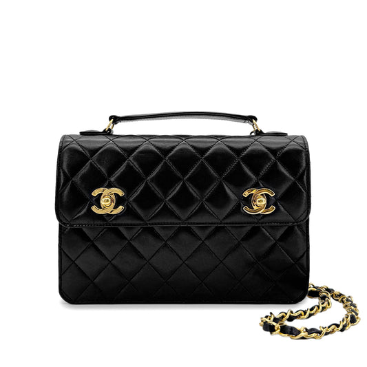 CHANEL VINTAGE DOUBLE TURN LOCK MATELASSE CHAIN SHOULDER HAND BAG BLACK LAMB SKIN 90280524