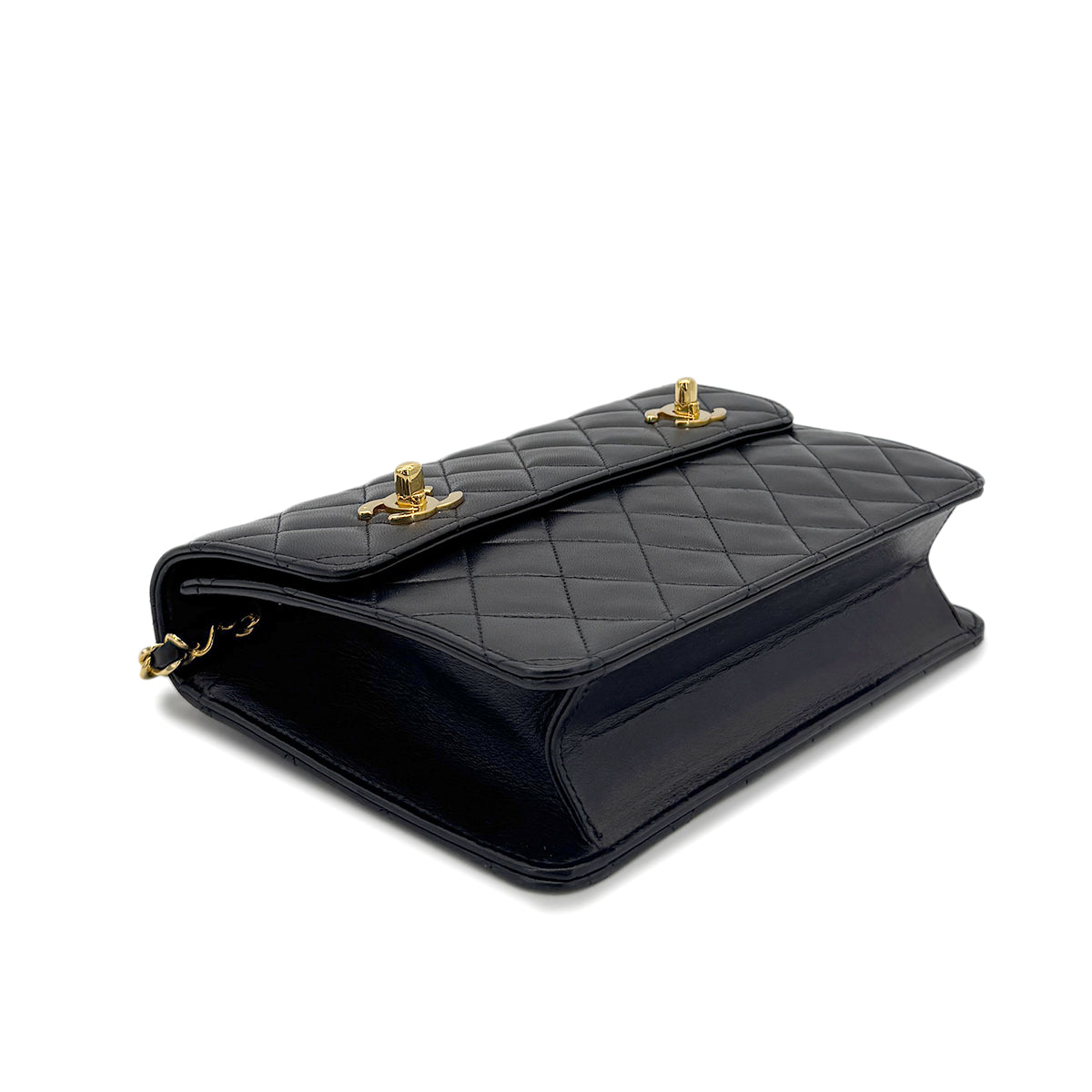 CHANEL VINTAGE DOUBLE TURN LOCK MATELASSE CHAIN SHOULDER HAND BAG BLACK LAMB SKIN 90280524