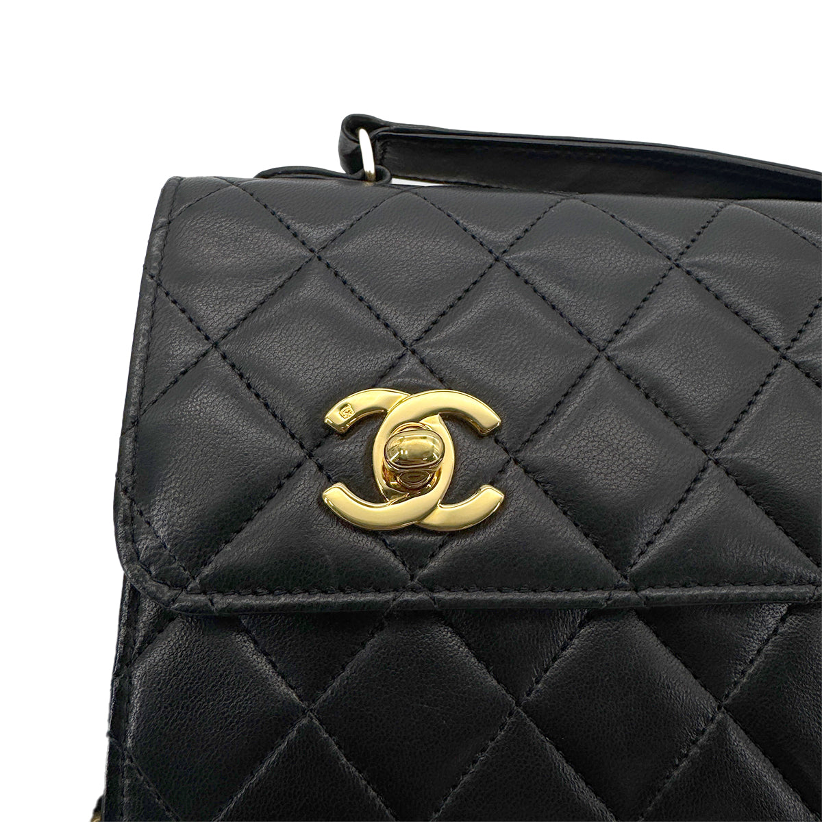 CHANEL VINTAGE DOUBLE TURN LOCK MATELASSE CHAIN SHOULDER HAND BAG BLACK LAMB SKIN 90280524