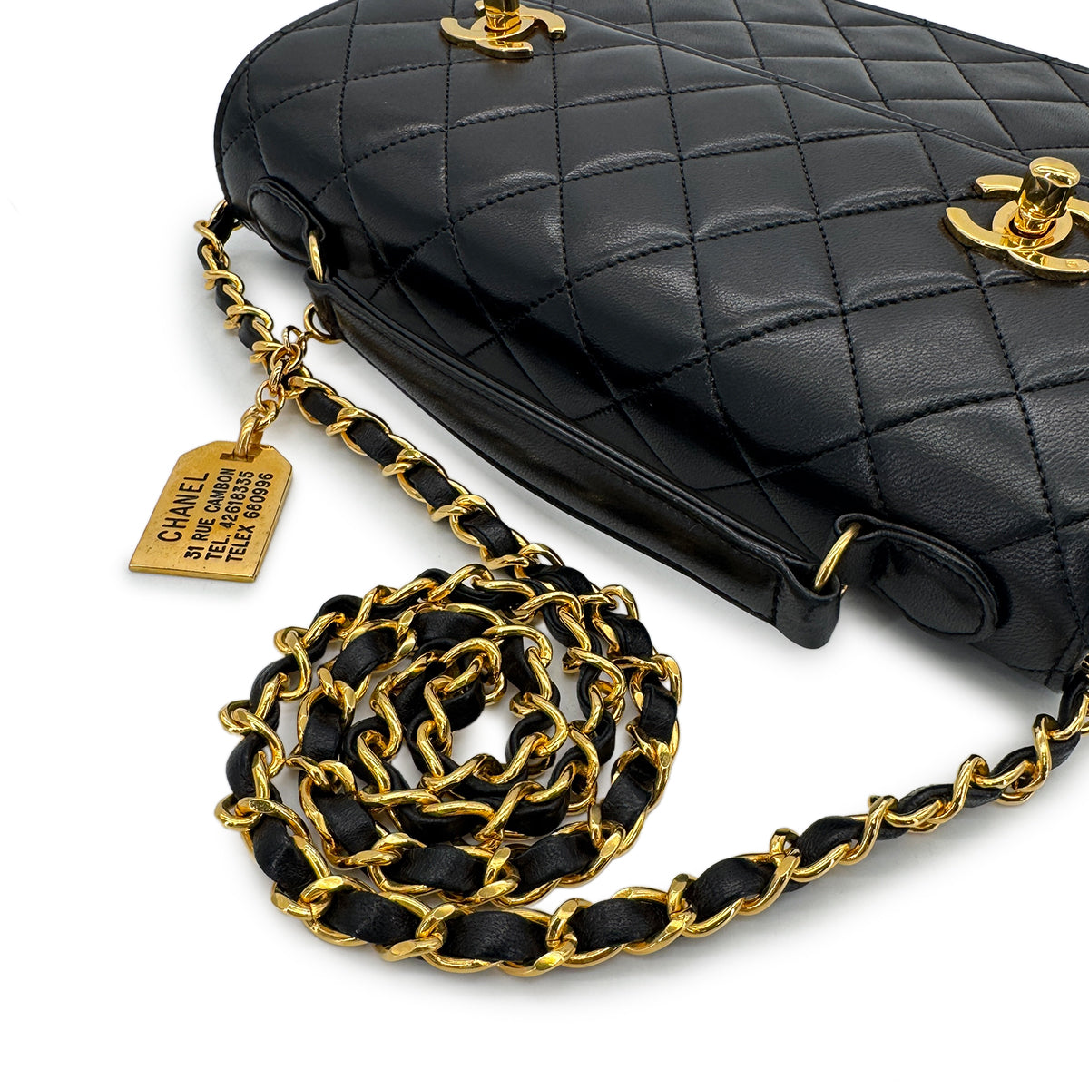 CHANEL VINTAGE DOUBLE TURN LOCK MATELASSE CHAIN SHOULDER HAND BAG BLACK LAMB SKIN 90280524