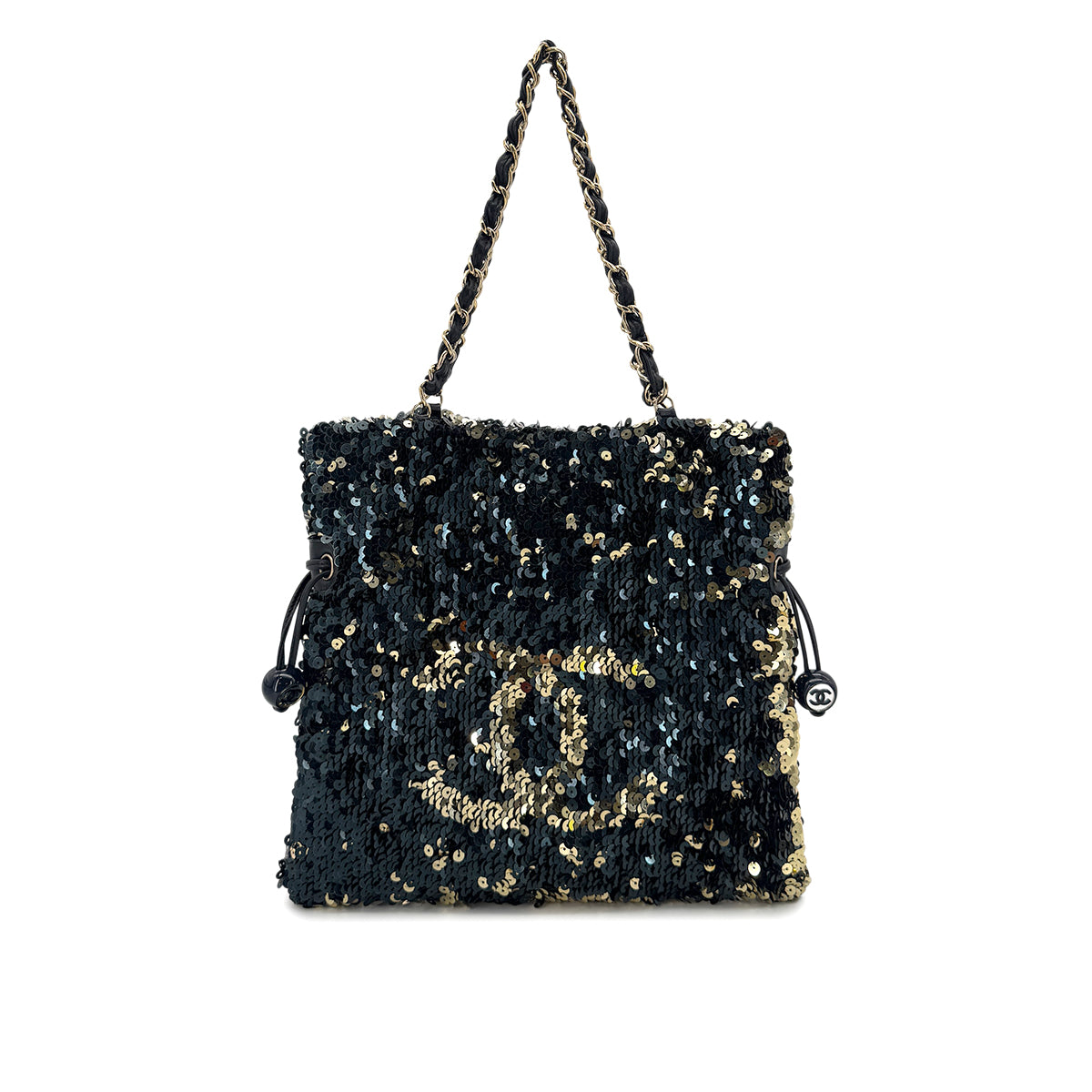 CHANEL VINTAGE COCOMARK CHAIN TOTE BAG BLACK GOLD SEQUINS 90280533