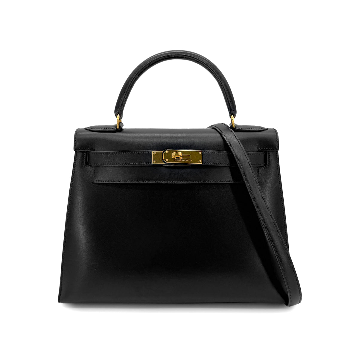 HERMES KELLY 28 SELLIER BLACK BOXCALF HAND SHOULDER BAG 〇Y GHW 90280600